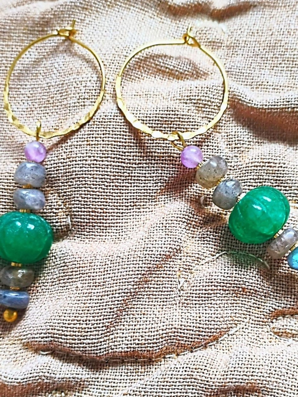 Gold Hoop Earrings with Green & Gray Gemstone Beads